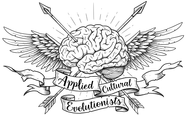 A tattoo design with a brain with wings, shot through by two arrows over a waving banner that reads "Applied Cultural Evolutionists"